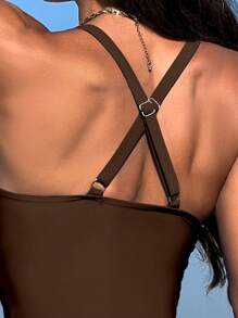 Swim Lushoire 女士夏季海滩度假纯棕色交叉褶皱上衣和性感高腰比基尼套装