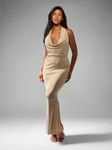 MISSGUIDED Luxurious Cowl Neck Halter Maxi Dress Backless Evening Gown Bodycon Floor Length Special Occasion Wedding Guest Reception Formal Wear - Khaki - View 1