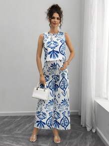 Momance 休闲花卉印花上衣和宽松阔腿裤孕妇套装 - 藍白色 - 查看 1