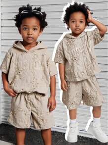 2pcs Toddler Boys Textured Fabric Set, Hooded Tee And Shorts, Distressed Fabric For Street Casual Style, Chest Graphic Print, School, Campus, College - Grey - View 1