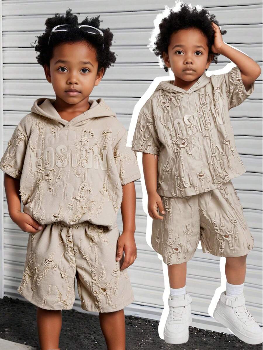 2pcs Toddler Boys Textured Fabric Set, Hooded Tee And Shorts, Distressed Fabric For Street Casual Style, Chest Graphic Print, School, Campus, College - Grey - View 1