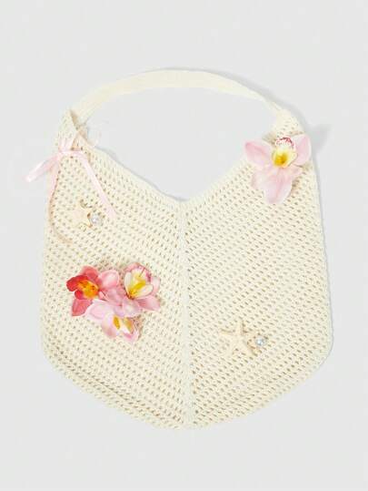 Fairycore 1 Set de Bolso de Playa Tejido Beige y Accesorios, Bolso de Playa de Estilo Resort de Moda Personalizado para Mujer (Incluye 1 Bolso y 1 Set de Accesorios)