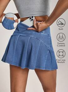 Flexra Women's Summer Patchwork Pocket Flare Hem Denim Mini Skirt - Blue - View 1