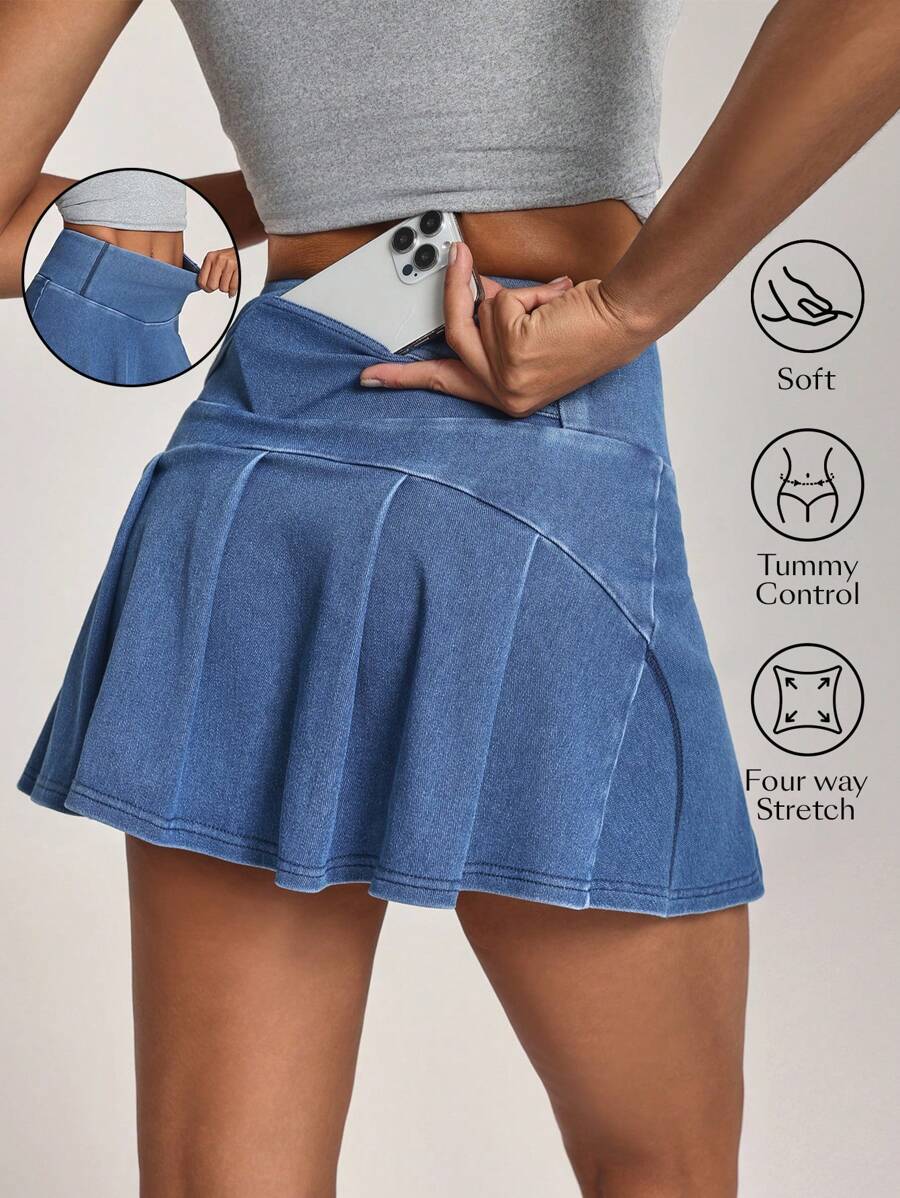 Flexra Women's Summer Patchwork Pocket Flare Hem Denim Mini Skirt - Blue - View 1