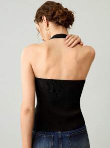 Uhlyne Women's Solid Color Metal Ring Decor Halter Neck Summer Waist Top, Elegant & Sexy