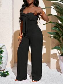 Slaydiva 新款春夏休闲度假性感优雅抹胸蝴蝶结直筒阔腿超长裤橙色针织女式连体裤 - 黑色 - 查看 6