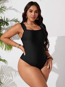 Swim Basics Traje de baño de una pieza con tirantes de unicolor para mujer de talla grande - Negro - Ver 4