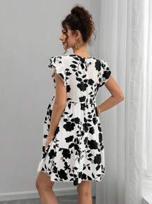 Momance Vestido de maternidad con cuello redondo, mangas con volantes, multicapa y parche floral de estilo ditsy - Blanco y Negro - Ver 2