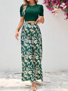 Ellevyn 女士純色短袖擴袖T卹和綠色花卉印花褲裝套裝