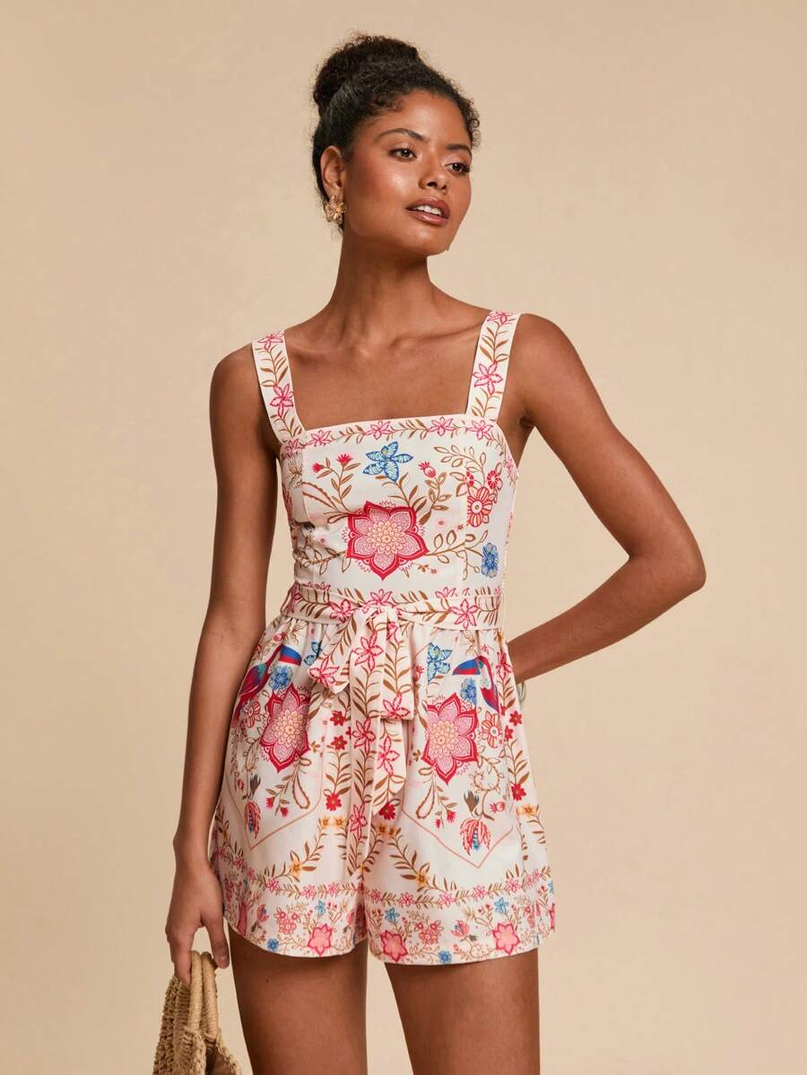 Travachic Women's Tropical Floral Print Jumpsuit/Romper, Vacation Wear,Vacation Outfits Woman,Vacay Outfits Women,Beach Vacation Outfits,Summer Outfits For Women,Romper,Jumpsuits For Woman