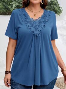 EMERY ROSE Plus Size Casual Solid Color Lace Trim T-Shirt Plus Size Blue Tops Plus Size Lace Tops Plus Size Tunic Tops - Blue - View 1