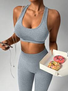 Easithlete 2pcs/Set Women Sports Casual Solid Wide Strap Top And Skinny Pants Suits Workout Women Sets - Light Grey - View 3