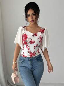 Elenzga 女士休闲夏季度假优雅不对称短袖玫瑰印花宽松领上衣 - 白色 - 查看 1