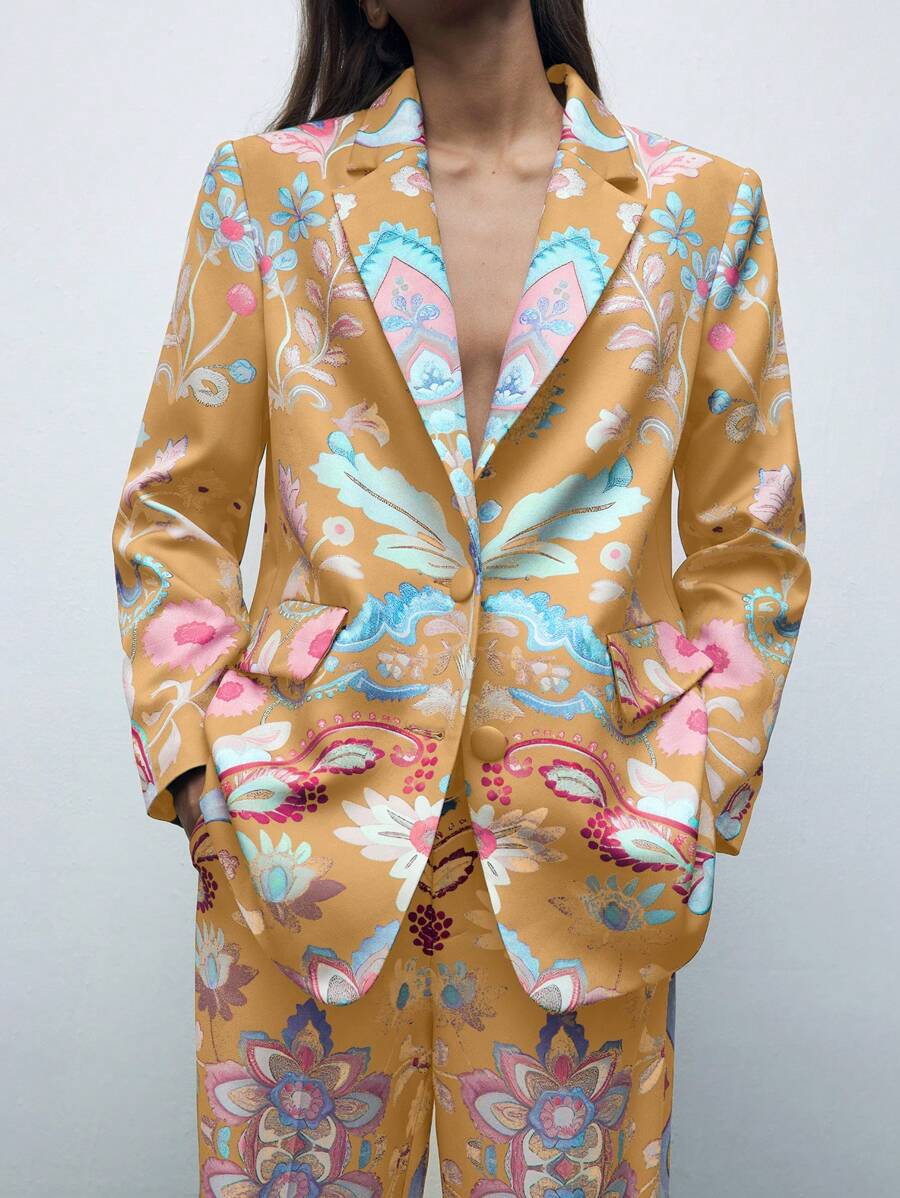 Maija Digital Print Yellow Single-Breasted Ladies' Jacket, Casual Business Blazer For Women, Suitable For Vacation & Leisure In Fall/Winter - Multicolor - View 1