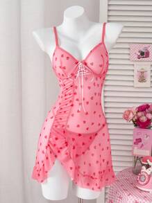 PetitDoll Set de 2 Vestido lencero sexy con corazón de malla para mujer (con aros, tanga)
