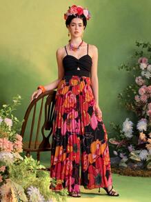 TIYA Frida Kahlo X SHEIN X Designer 正面扭花印花雪纺褶皱阔腿连体裤女装夏季服装 - 黑色 - 查看 5