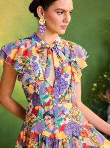 Redefinition Frida Kahlo X SHEIN X Designer Vestido corto de verano para mujeres con impresión floral, cuello anudado, volantes en mangas cortas y falda fruncida - Multicolor - Ver 3