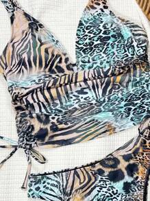 Swim SXY 2 件套女士沙滩夏季服装套装，豹纹深 V 领露背抽绳腰休闲比基尼泳装 - 彩色 - 查看 4