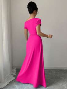 Selianne 女士优雅纯色斜肩褶饰腰连衣裙 - 玫紅色 - 查看 2