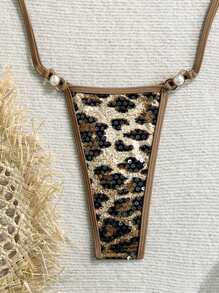 Swim SXY Đồ bơi một mảnh hở lưng hở vai đính ngọc trai họa tiết da báo mới, mùa hè - Nhiều màu - Xem 6