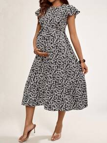 SHEIN Women's Casual Floral Print Nursing Midi Dress With Ruffle Hem And Short Sleeves - Black - View 5