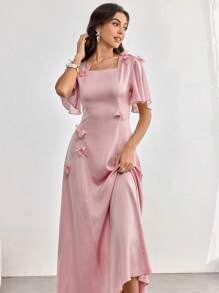 Modelyn 女式方领荷叶边袖蝴蝶花朵修身短袖连衣裙 - 粉色 - 查看 5