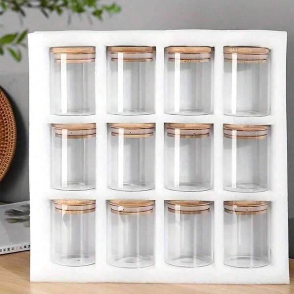 SHEIN 1pc/1set 12pcs Glass Storage Jar, Food Storage Container With Sealed Bamboo Lid, Portable Transparent Jar For Tea, Coffee Beans, Sugar, Candies, Cookies, Spices, Home Kitchen Supplies, Glass Bottle