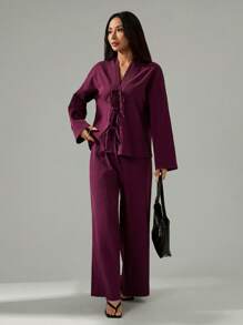 SHEIN PETITE 女士休闲优雅系带衬衫和高腰弹力宽松阔腿裤 2 件套，度假时尚 - 紫色 - 查看 4