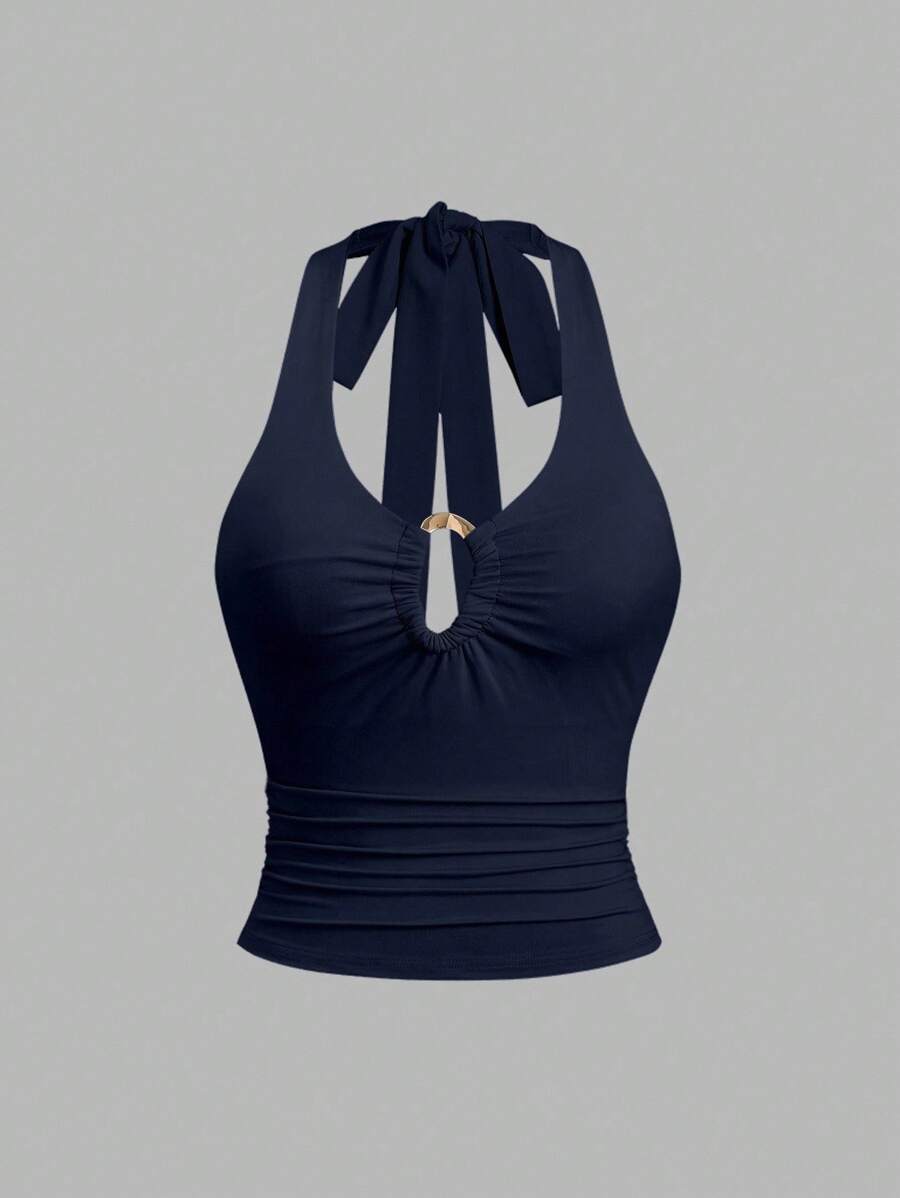 Sweetra Retro Sexy Deep V-Neck Metal Buckle Decor Halter Neck Top - Blue - View 1