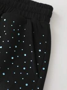 ROMWE MEN Men's Street Life Fashionable Rhinestone Drawstring Loose Shorts - Black - View 4