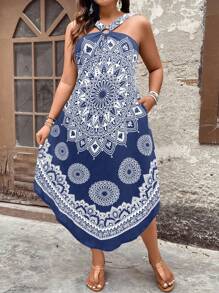 Breezaya Plus Size Curved Hem Halter Neck Dress Maxi Women Outfit