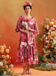TIYA Frida Kahlo X SHEIN X Designer 花卉印花喇叭袖 A 字中长连衣裙女式夏季连衣裙度假装 - 彩色 - 查看 7