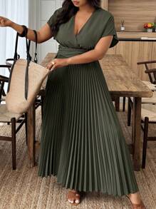 Weeklong Robe élégante à manches courtes style chauve-souris, encolure en V, plissée à l'ourlet, pour femmes grande taille, été