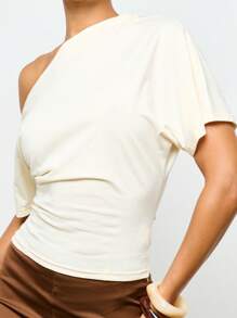 AiiRZ 不对称露肩上衣垂坠紧身衬衫优雅晚会休闲半袖时尚 T 恤 - 杏色 - 查看 4