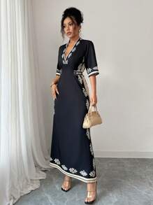 Chiquease 女式优雅印花黑金色束腰短袖连衣裙 - 黑色 - 查看 4