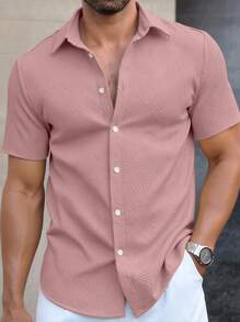 Manfinity Homme Men's Pink Checkered Summer Casual Vacation Button Up Shirt,100 Percent Cotton Textured Short Sleeve Loose Simple Button Down Shirt,Gift For Husband, Formal - Pink - View 3