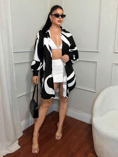 SHEIN SXY 女式长袖衬衫，带笔触印花，适合休闲、度假和通勤，春夏季