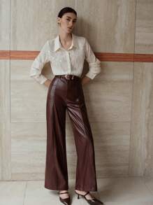 MOTF PREMIUM PU 皮革缝线前扣腰带阔腿裤