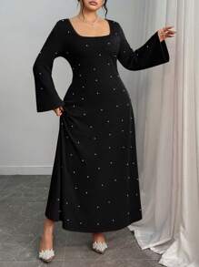 Elenzga 大码女式优雅长款串珠派对连衣裙，U领长袖 - 黑色 - 查看 4