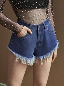 SHEIN EZwear 女士时尚流苏牛仔短裤，适合夏季 - 深色水洗藍 - 查看 5