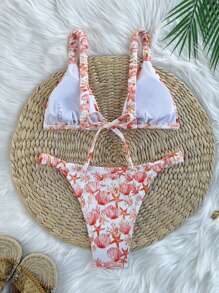 Swim Mod Conjunto de bikini sexy con parte delantera anudada y espalda descubierta con estampado de vida marina texturizada para vacaciones en la playa de mujeres - Naranja - Ver 2