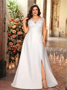 Glamrae Abito da sposa elegante e lussuoso con scollo a cuore, spalle aperte, arricciature, jacquard in raso, vita alta, taglio a trapezio e strascico, taglia grande