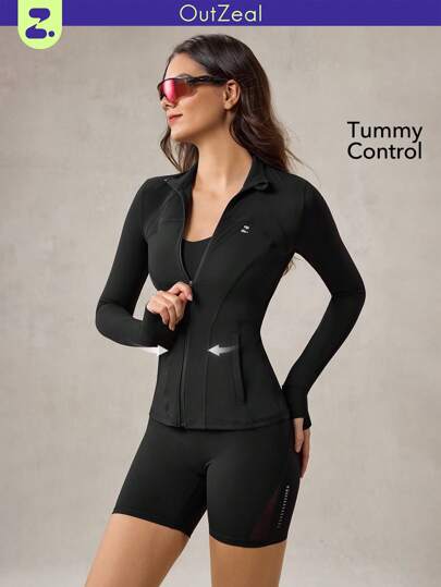 OutZeal 女士运动上衣 黑色纯色运动外套 跑步瑜伽健身吸汗收腹网眼拼接修身拉链运动上衣 春夏