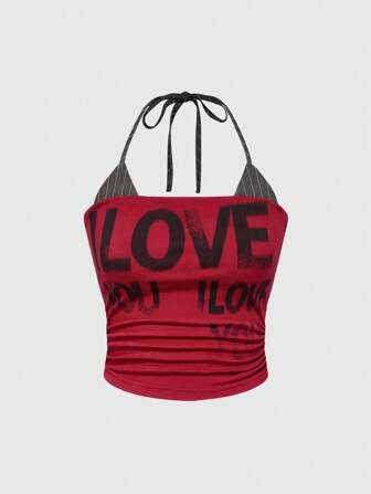 Grunge Punk Top court avec contraste de couleurs, slogan vintage style Y2K et imprimé usé, avec cordon de serrage à la taille et encolure baleineé