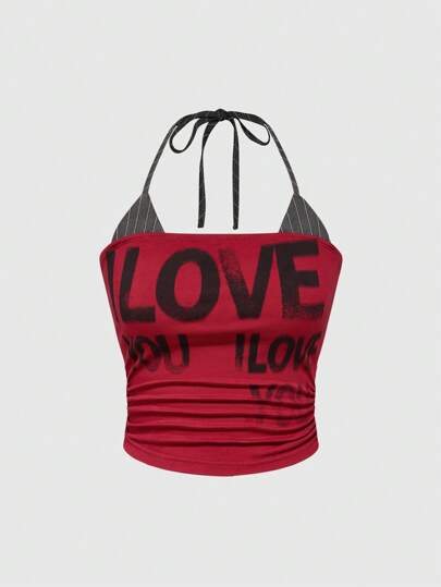 Grunge Punk Top corto con estampado de eslogan y desgastado, con contraste de color, cintura con cordón y cuello de halter, en estilo vintage Y2K