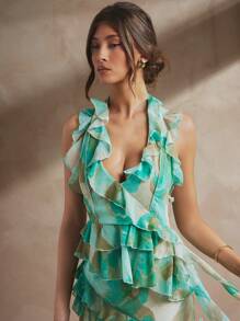 L'Amorae Printed Elegant Low Neck Ruffle Sleveeless Top - Green - View 4