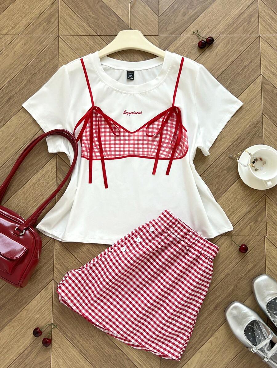 Sunspun Conjunto de 2 piezas de Playera con cuello redondo y estampado de moño talla extra + Shorts con estampado a cuadros y cintura elástica - Multicolor - Ver 1