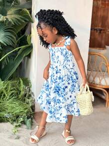 SHEIN Leap Crew Young Girl Ditsy Floral Ruffle Trim Suspender Tween Dress - Blue and White - View 5