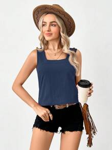 EMERY ROSE Square Neck Sleeveless Casual Shirt, Summer - Navy Blue - View 4