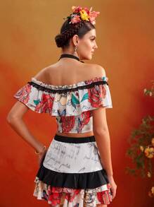 Frida Kahlo X SHEIN X Designer KATHARSIS 夏季花卉印花露肩荷叶边领口露背系带短款上衣，后背有褶饰